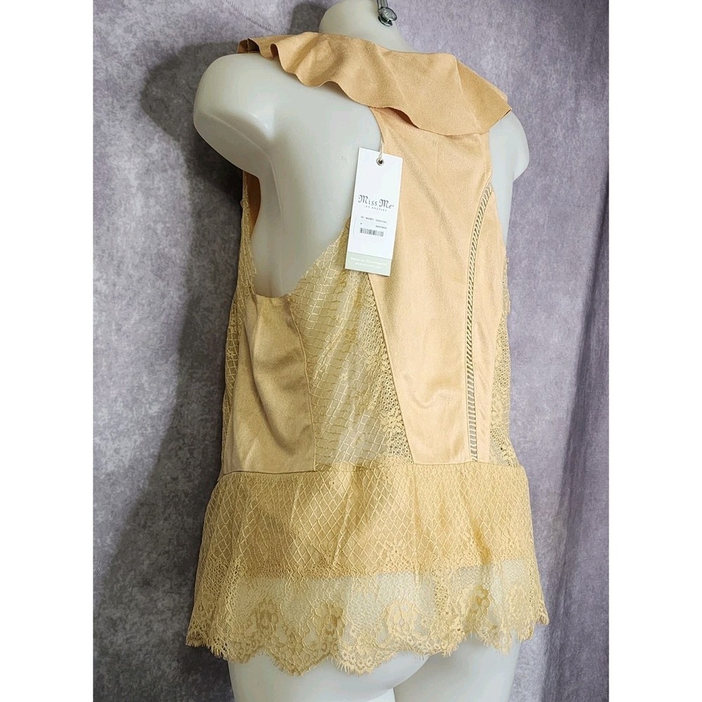Miss Me Lace Trim Vest Women Medium Mustard Yellow Boho Ruffle Tie Front Western - Picture 8 of 9